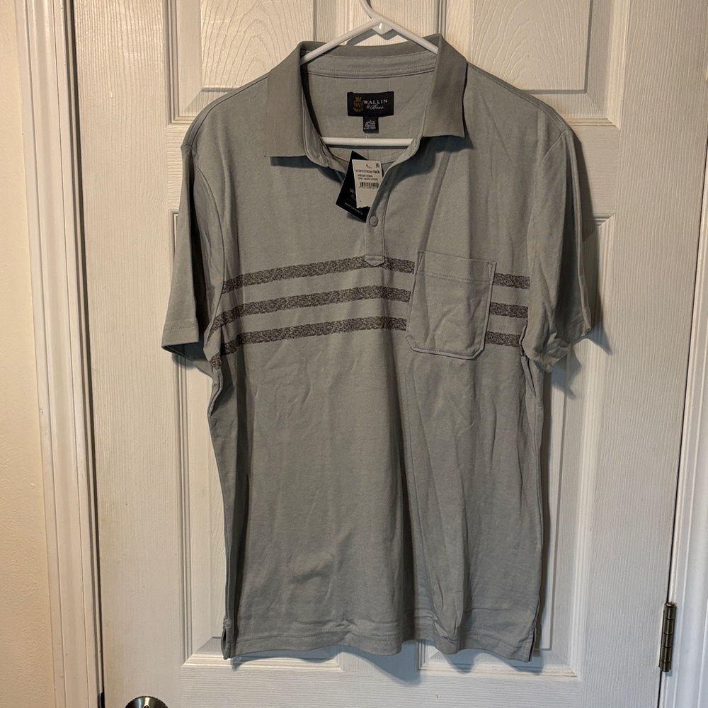 NWT Wallin & Bros.Gray Polo Shirt with Stripes and pocket. Very nice.